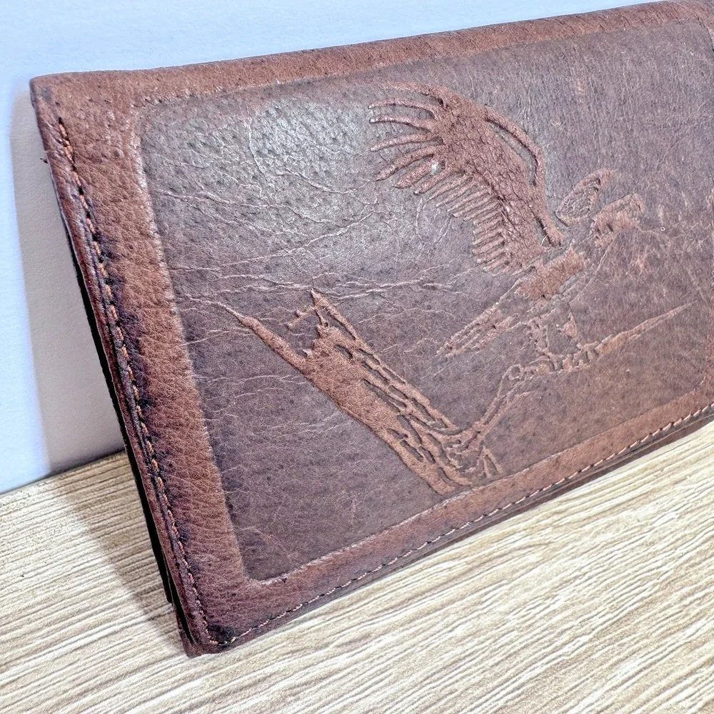 Vintage Amity Brown Genuine Leather Eagle Embossed Bifold ID Wallet